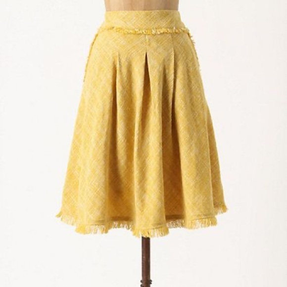Maeve Dresses & Skirts - Maeve Women’s 4 Yellow Tweed A-Line Pleated Midi Skirt Fringe Hem Anthropologie